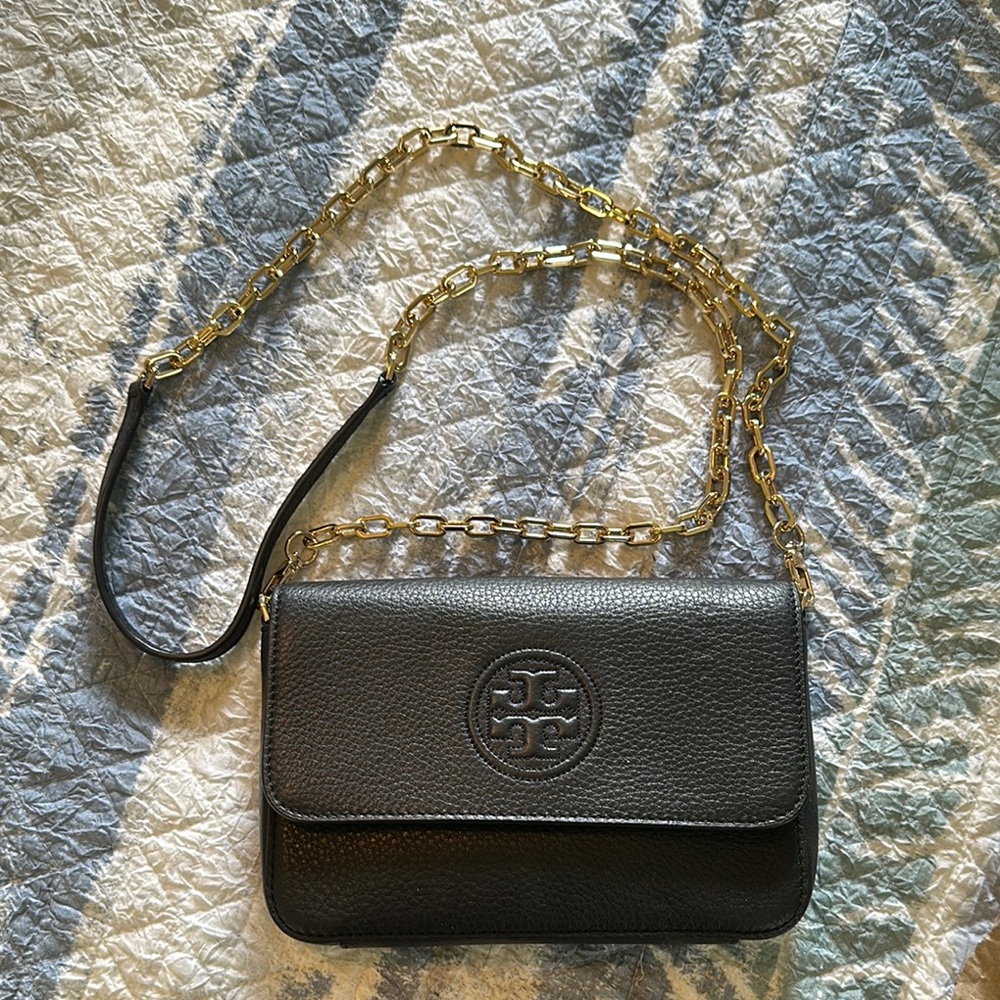 Tory Burch Black and Gold Crossbody with Logo Emblem